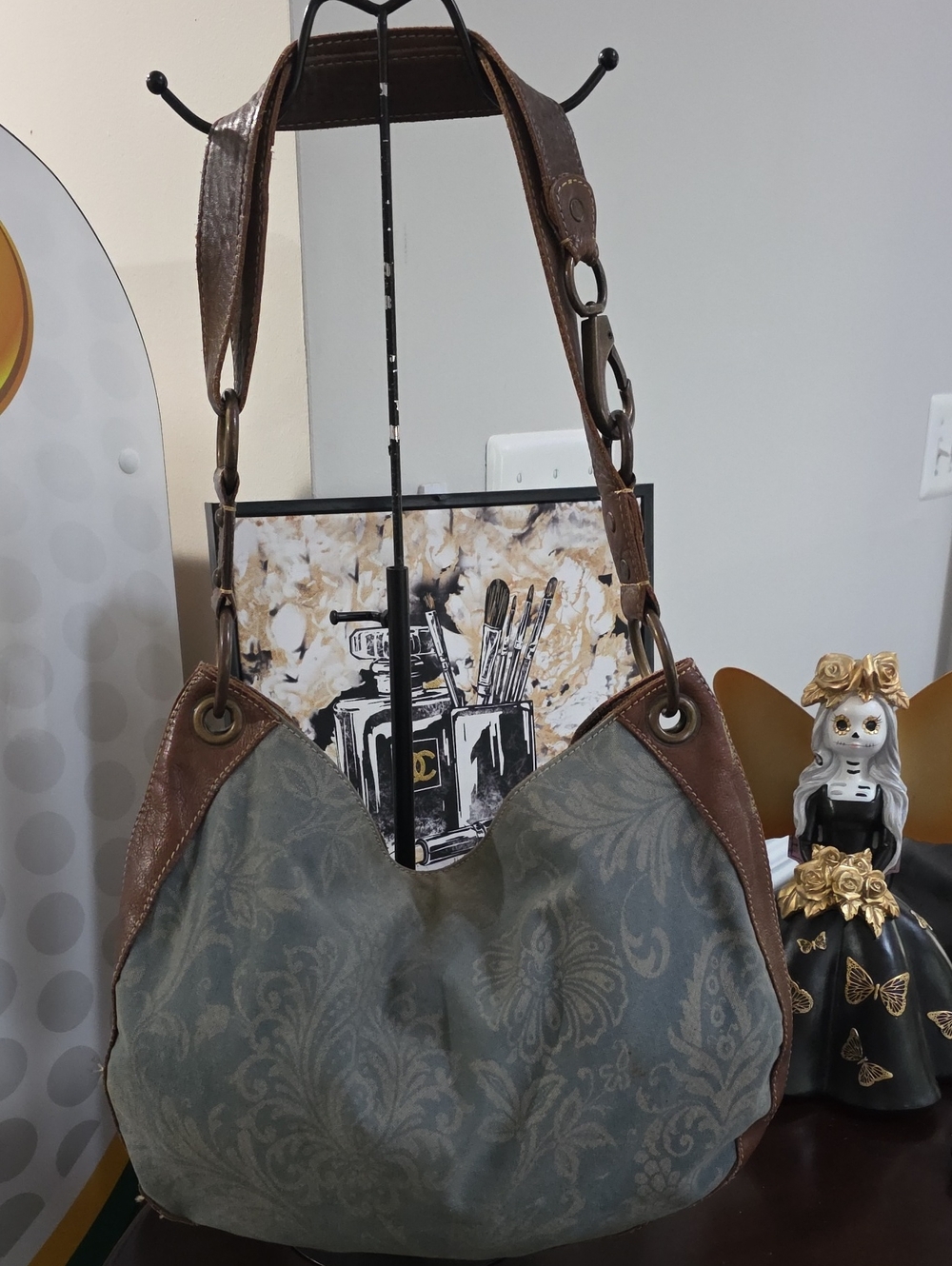Fossil Blue-Green Patterned Hobo with Brown Leather Trim